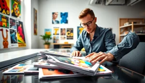 Showcasing vibrant budget printing materials in a modern design studio.