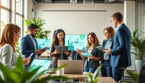 Engaged team of social media marketing companies edmonton strategizing in a modern office.