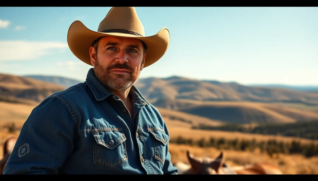 Wearing western wear Canada, a cowboy poses confidently in a scenic outdoor setting.