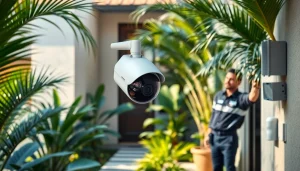 Instalación de cámaras de seguridad en una casa moderna, mostrando tecnología inteligente y servicio profesional.