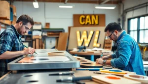 Showcase of sign manufacturing with skilled craftsmen and vibrant materials in a workshop setting.