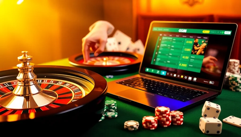 GG88 gaming action with roulette wheel and poker chips showcasing casino excitement.