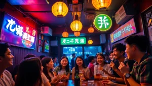 즐거운 손님들이 활기찬 제주 야경 속에서 노래방을 즐기는 제주도유흥 경험.