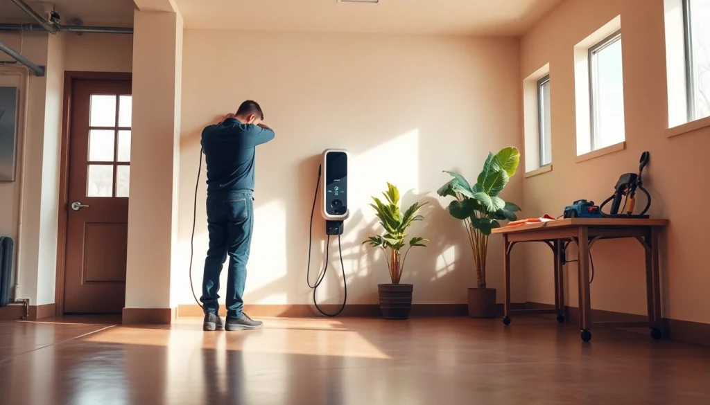 Install McNally EV charger in a modern garage with a technician working.