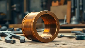 Vedere detaliată a unei Bucse de bronz, evidențiind detaliile sale intricate și textura metalică într-un cadru de atelier.