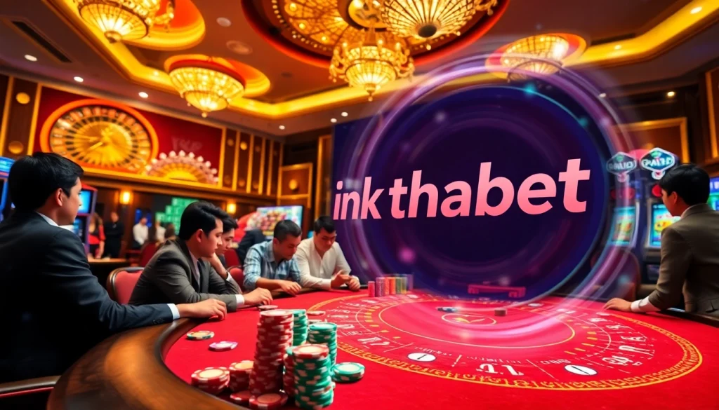 Winning players at a vibrant casino table celebrating their success while promoting link thabet.