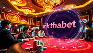 Winning players at a vibrant casino table celebrating their success while promoting link thabet.