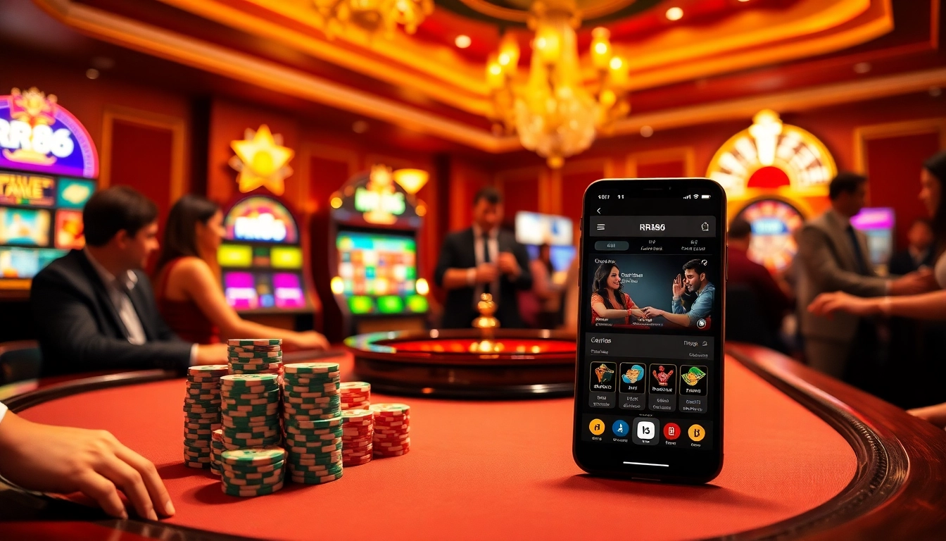 Players enjoying a thrilling game at RR88 casino with vibrant slots and poker tables.