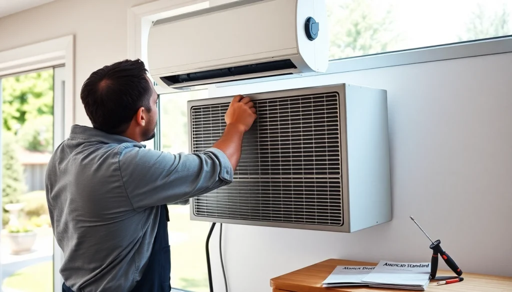 Installing an American Standard AC unit by a professional technician in a bright home setting.