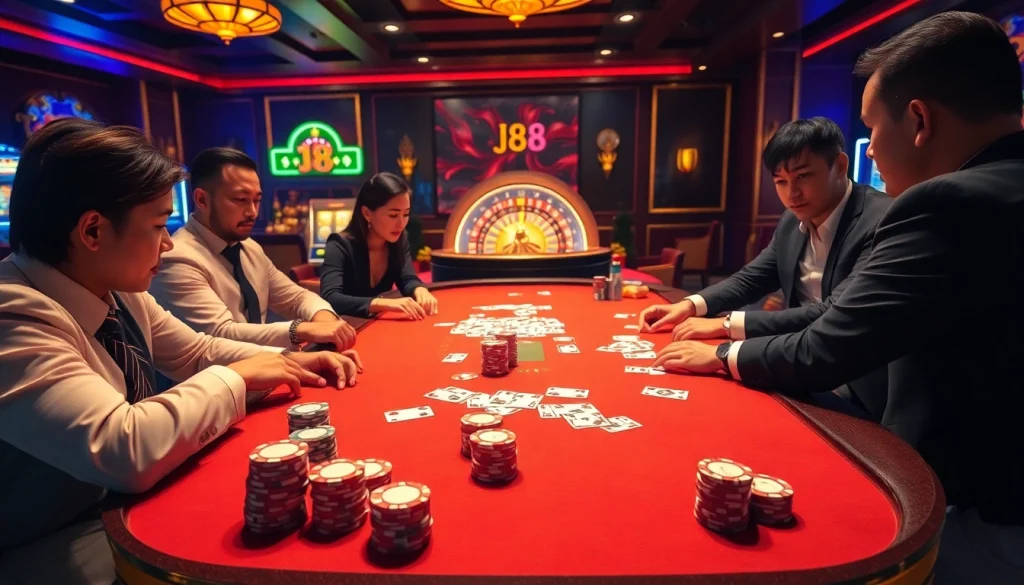 Engage in high-stakes poker at Nhà cái J88 with vibrant chips and drama-filled casino ambiance.