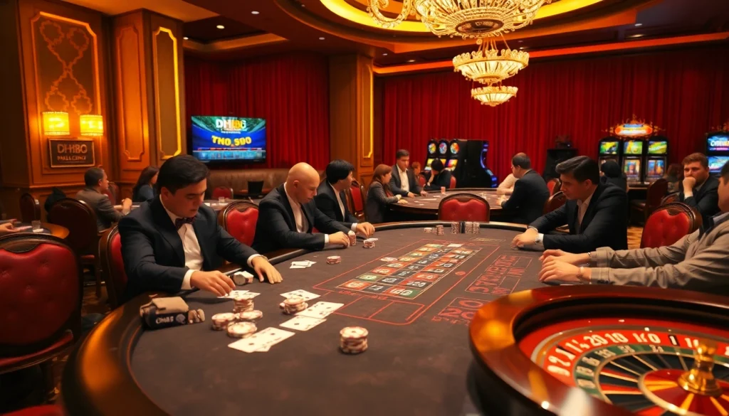 Engaging players at DH88 casino table with vibrant poker chips and strategic gameplay.