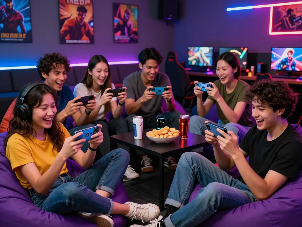 Friends enjoying mobile gaming with autowin88 in a vibrant, colorful lounge.