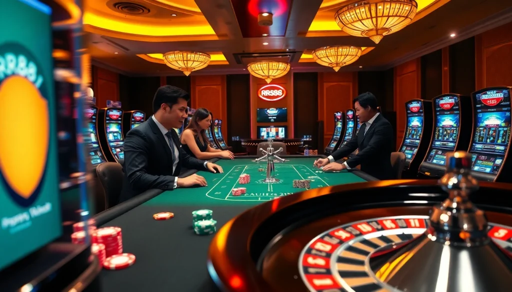 Experience the thrill of RR88 at a luxury casino with poker, roulette, and vibrant slot machines.