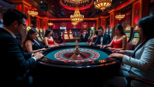 Excited players engage in high-stakes gaming at the rr88 casino, surrounded by vibrant roulette tables and modern betting displays.