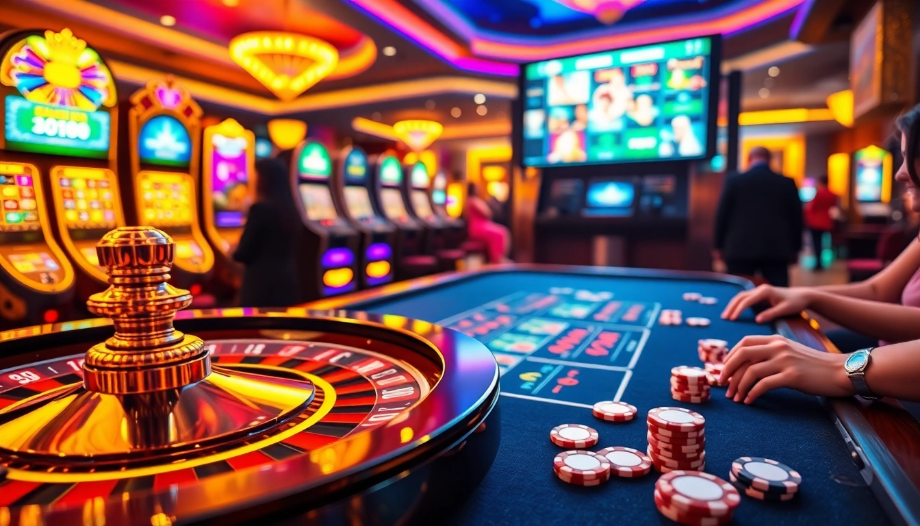 Une scène exaltante de jeu au casino en ligne avec des machines à sous vibrantes et une roulette, montrant le frisson des jeux d'argent en ligne.