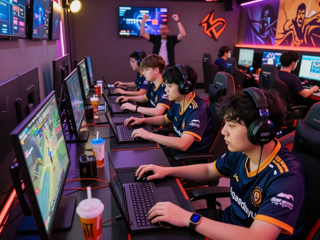 Engaged gamers in a lively ligasedayu community setting, showcasing exciting online matches.