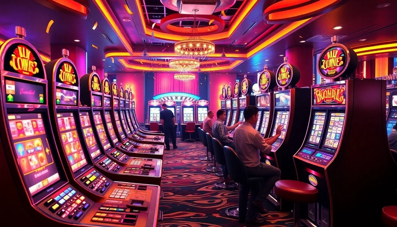 Players experience the thrill of slot gacor at a luxurious casino with vibrant lights and excitement.