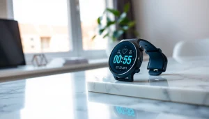 View the Pulse Smart Watch showcasing fitness metrics on a stylish marble surface.