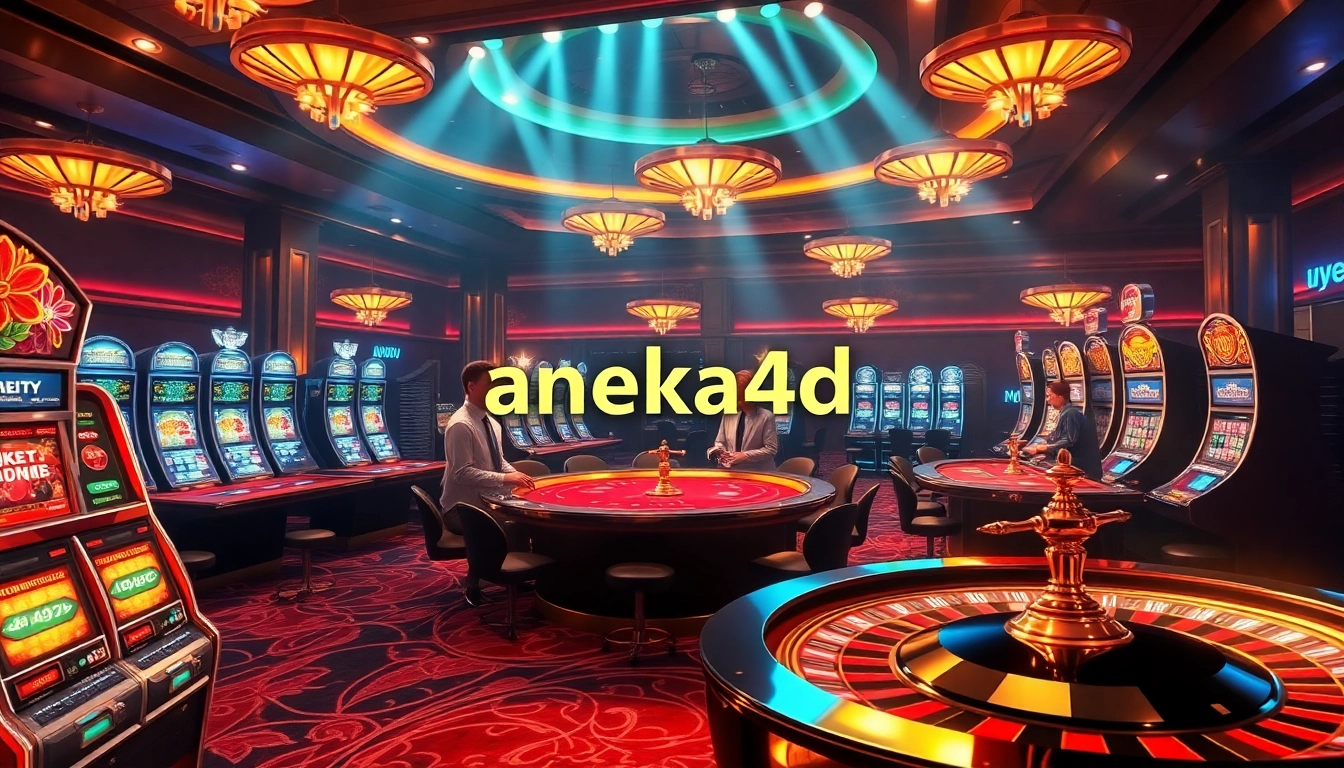 Para pemain terlibat dalam permainan online yang mendebarkan di kasino ANEKA4D dengan mesin slot yang penuh warna dan meja poker.