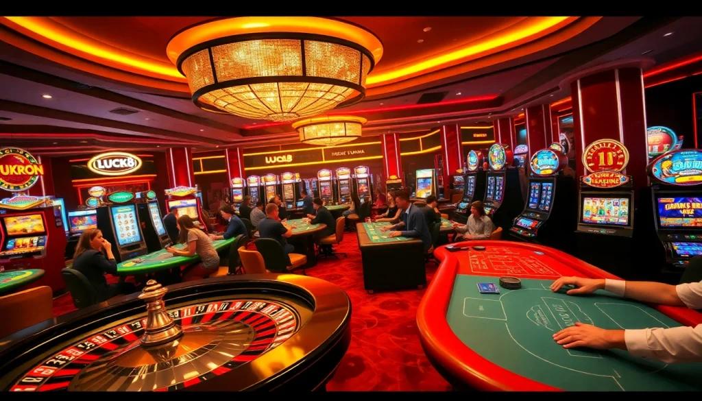 LUCK8 casino experience with players engaged at poker tables and vibrant slot machines.