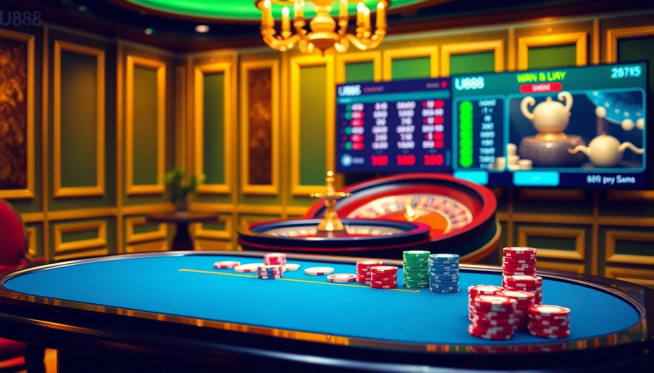 Action-packed gaming at U888 with vibrant chips and a roulette wheel in a luxurious casino setting.