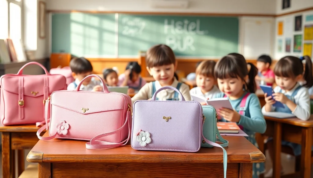 パステルカラーのかわいいランドセルがスタイリッシュな教室に展示され、2026年の女の子向けのトレンディなデザインを紹介。