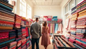 Stof voor jurk kopen in een levendige stoffenwinkel met diverse kleuren.