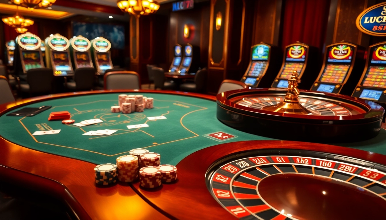 Engaging LUCK8 casino scene with poker and roulette tables illustrating luxury and excitement.