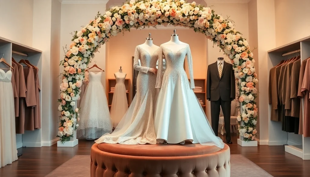 Shop stunning designs from Rebel Designerwear in a chic wedding boutique display.