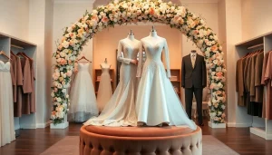 Shop stunning designs from Rebel Designerwear in a chic wedding boutique display.