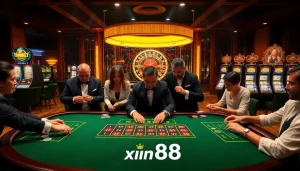 Players enjoying poker and roulette at a luxurious xin88 casino, showcasing excitement and professionalism.