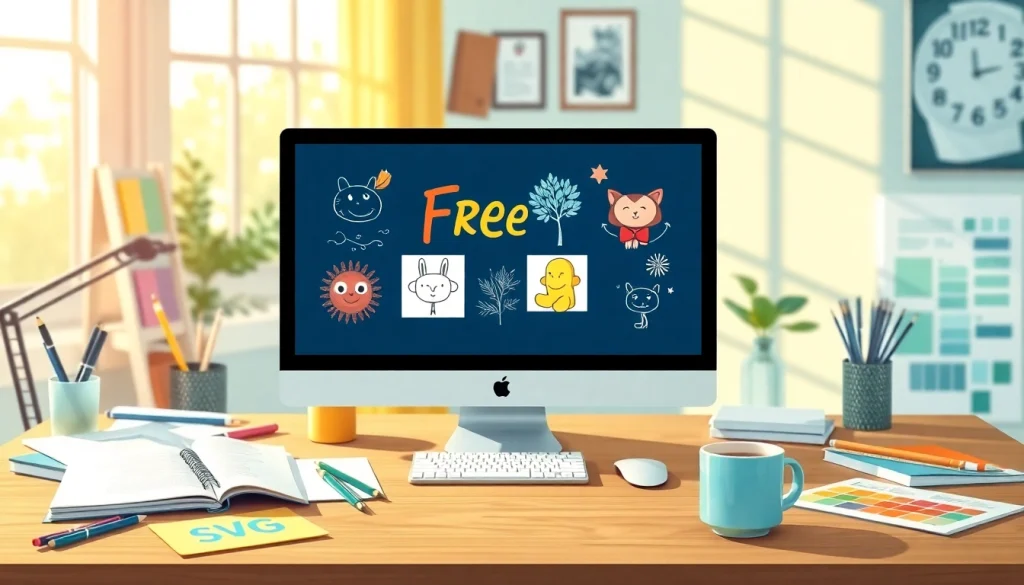 Create engaging free SVG designs in a vibrant designer workspace showcasing creativity.