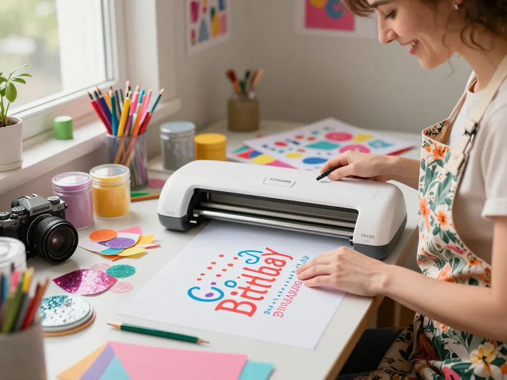 Creative individual using Svg for Cricut to craft birthday designs in a vibrant studio.