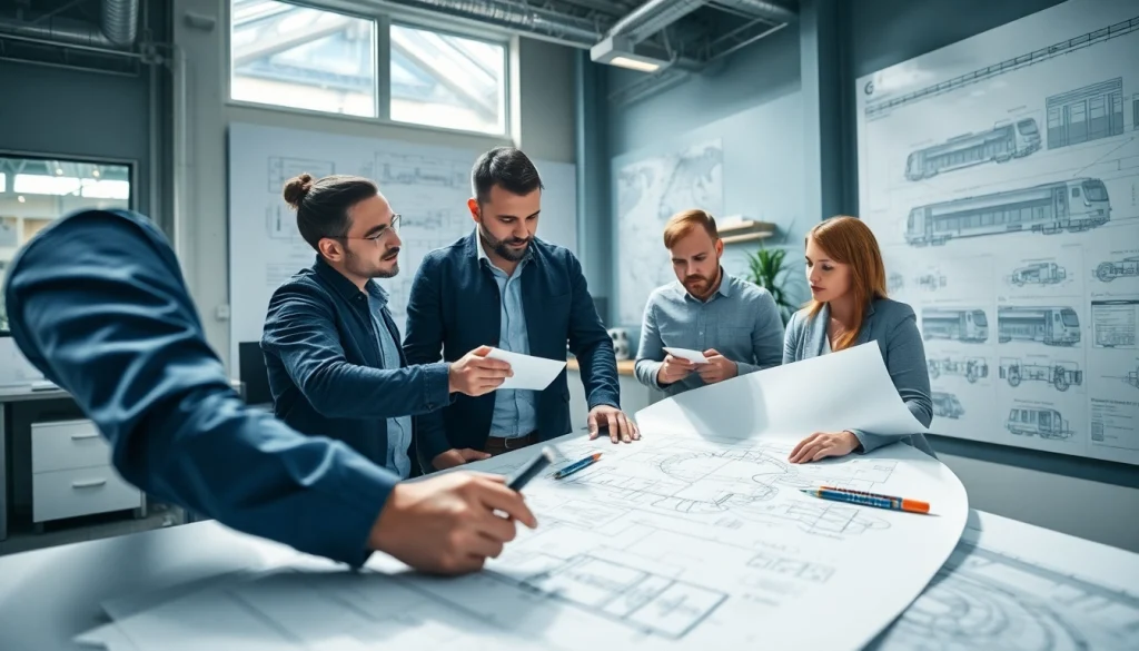 Engineers collaborating on Railroad Engineering designs with blueprints and digital tools.