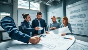 Engineers collaborating on Railroad Engineering designs with blueprints and digital tools.