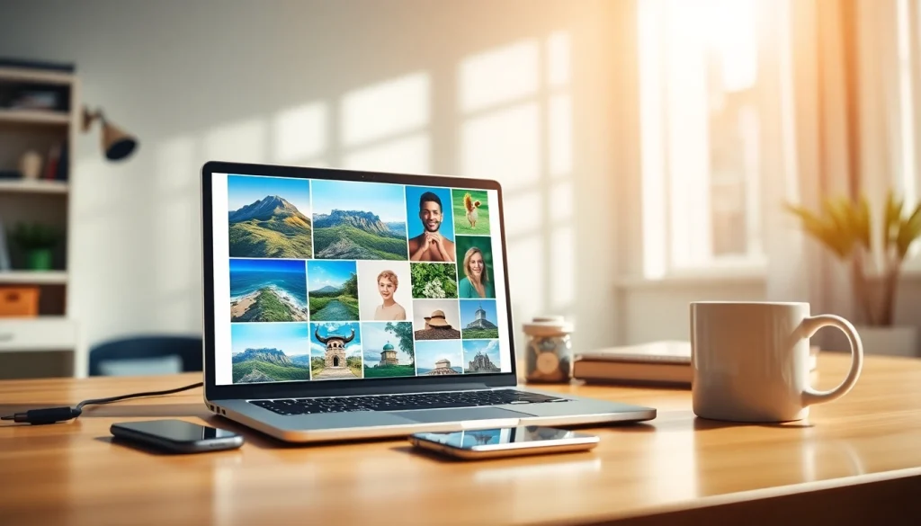 Make image square tool displayed on a modern laptop with vibrant photos.