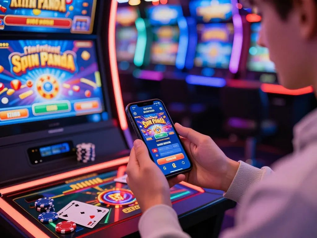 Spin Panda online casino player engaging with vibrant slot machines and mobile app interface in a thrilling gaming environment.