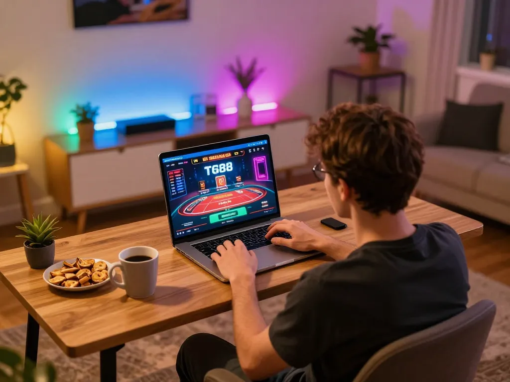 Player engaging in online gaming at TG88 casino app on laptop with lively home setup