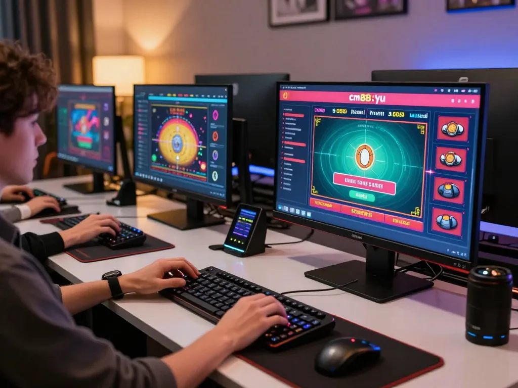 Engaged player navigating cm88-yu online casino on multiple screens in modern gaming setup